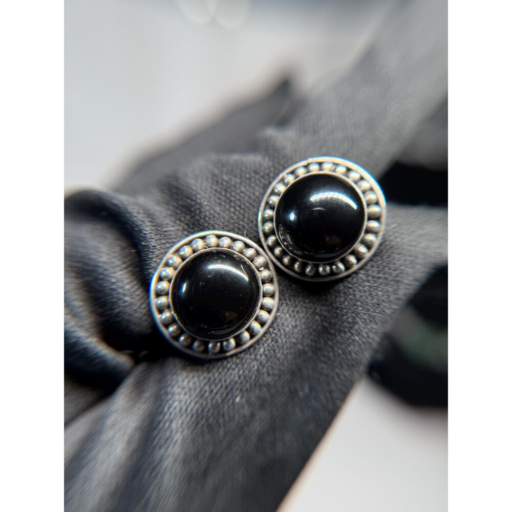 FAS 925 Sterling Silver Black Onyx Stud Earrings Round Beaded Halo 5/8”